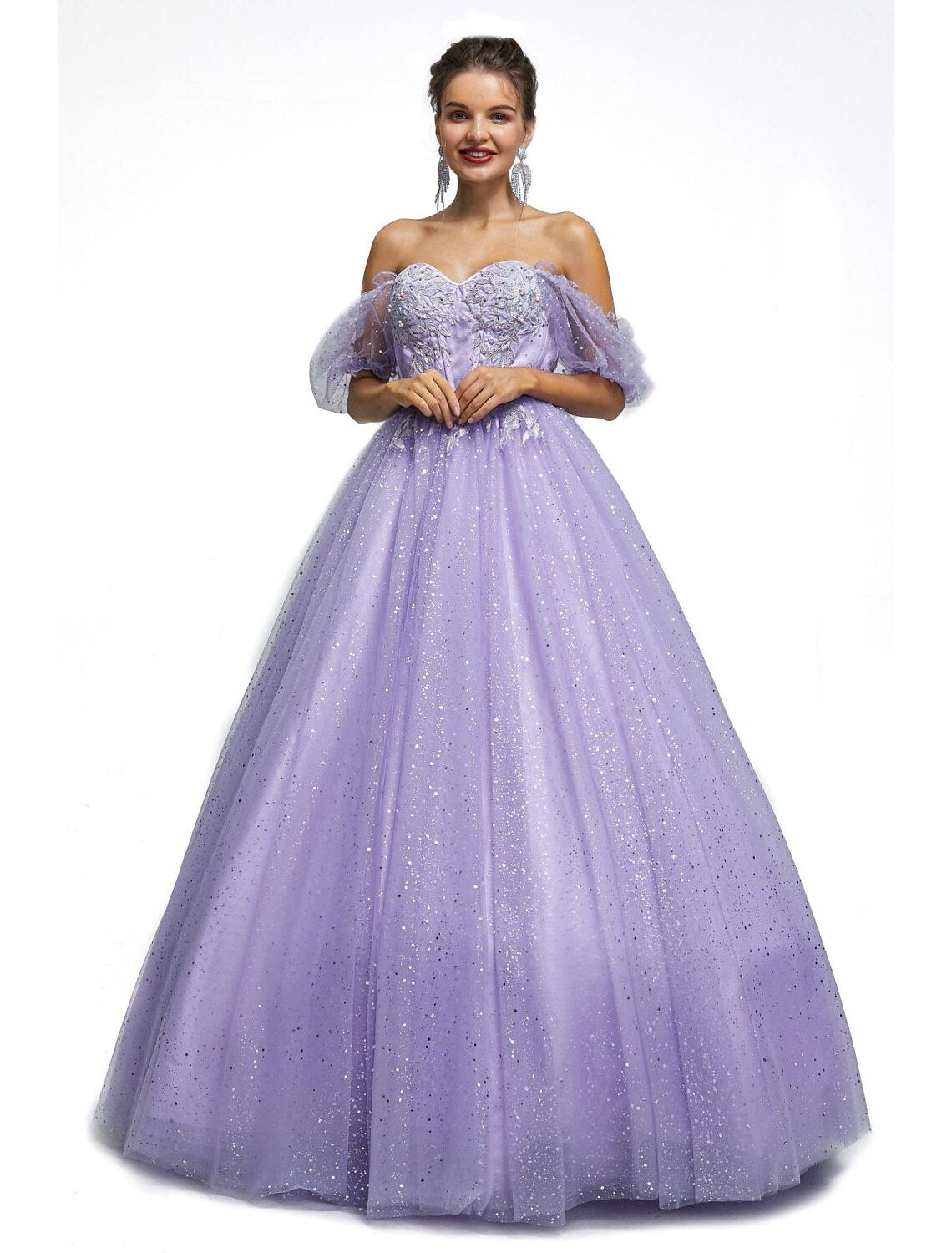 Wholesale  Ball Gown Prom Dresses Princess Dress Graduation Quinceanera Floor Length Short Sleeve Sweetheart Tulle with Sequin Appliques